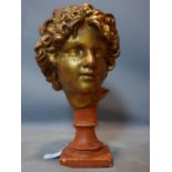 A 20th century gilt painted plaster bust with Musees Royaux des Beaux plaque to base, base restored,