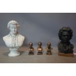 A collection of five busts to include Mozart, Beethoven and Greek philosopher. tallest H.45cm