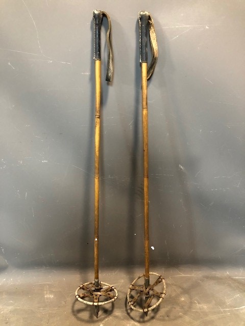 A pair of vintage oak skis inlcuding ski poles by Faucigny J. Amoudruz - Image 11 of 11