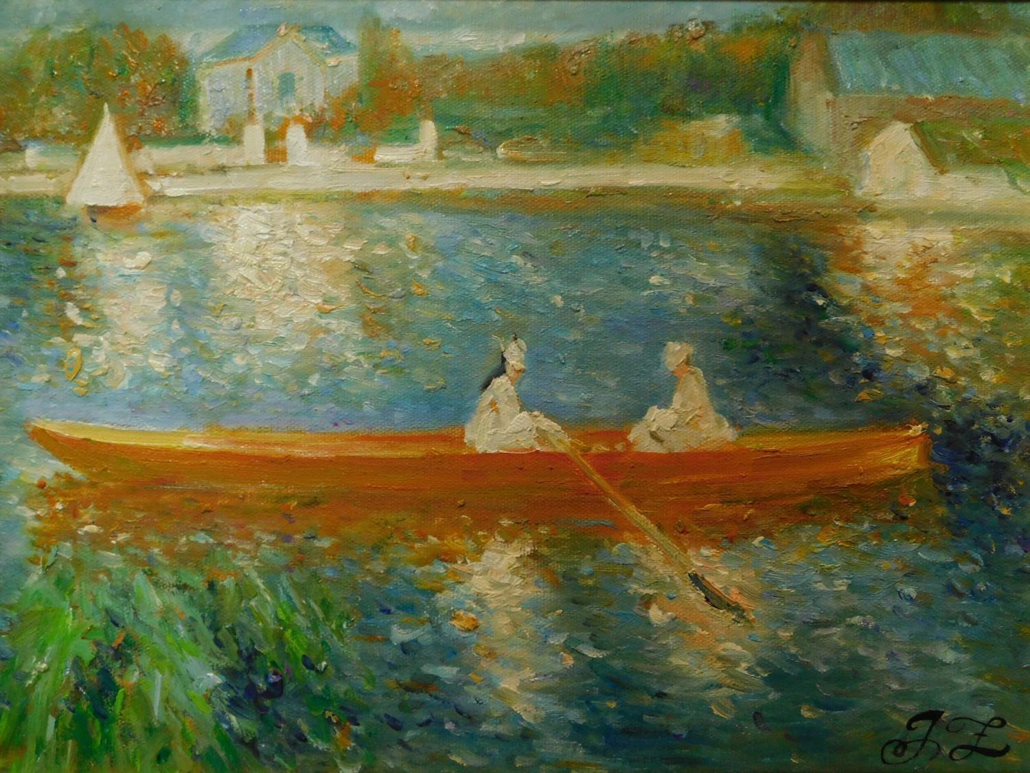 After Pierre-Auguste Renoir, 'La Yole', oil on canvas, initialled 'IZ' to lower right, 30 x 40cm