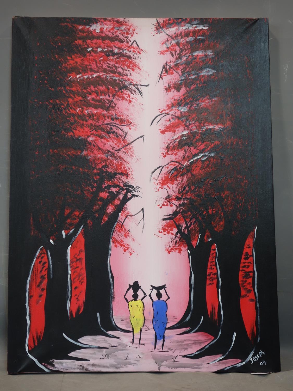 A Haitian Afro Caribbean school acrylic on canvas, two woman walking through a forest, signed '