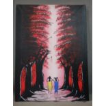 A Haitian Afro Caribbean school acrylic on canvas, two woman walking through a forest, signed '
