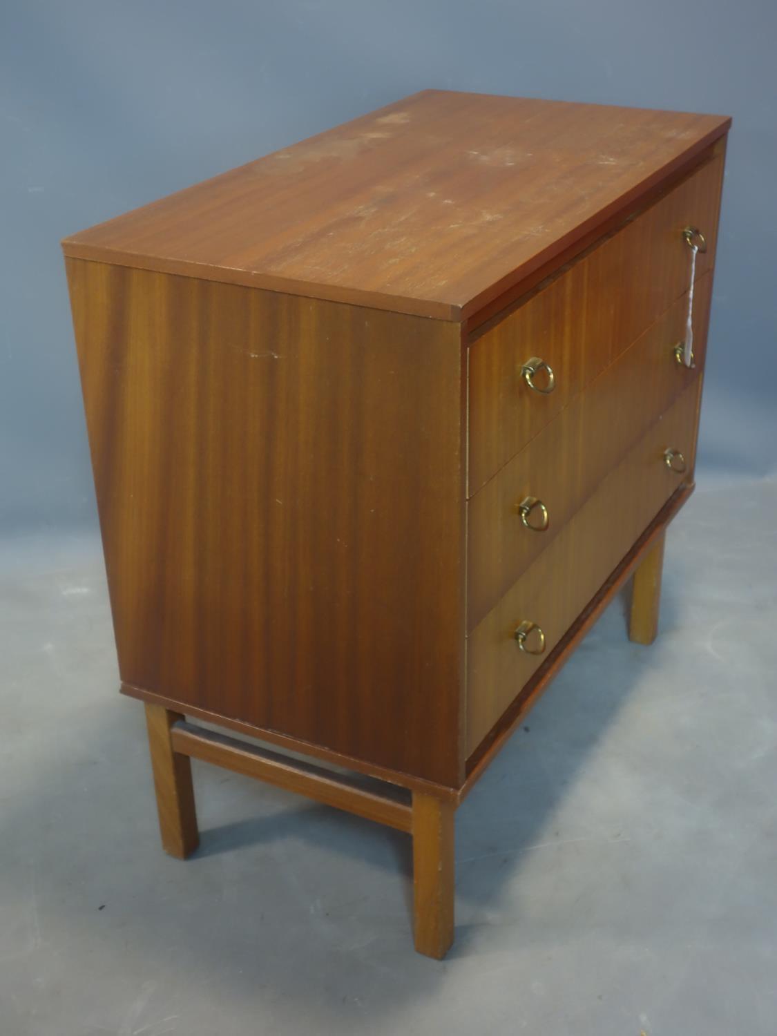 A mid 20th century teak chest of three drawers, raised on square legs, H.77 W.76 D.42cm - Image 4 of 4