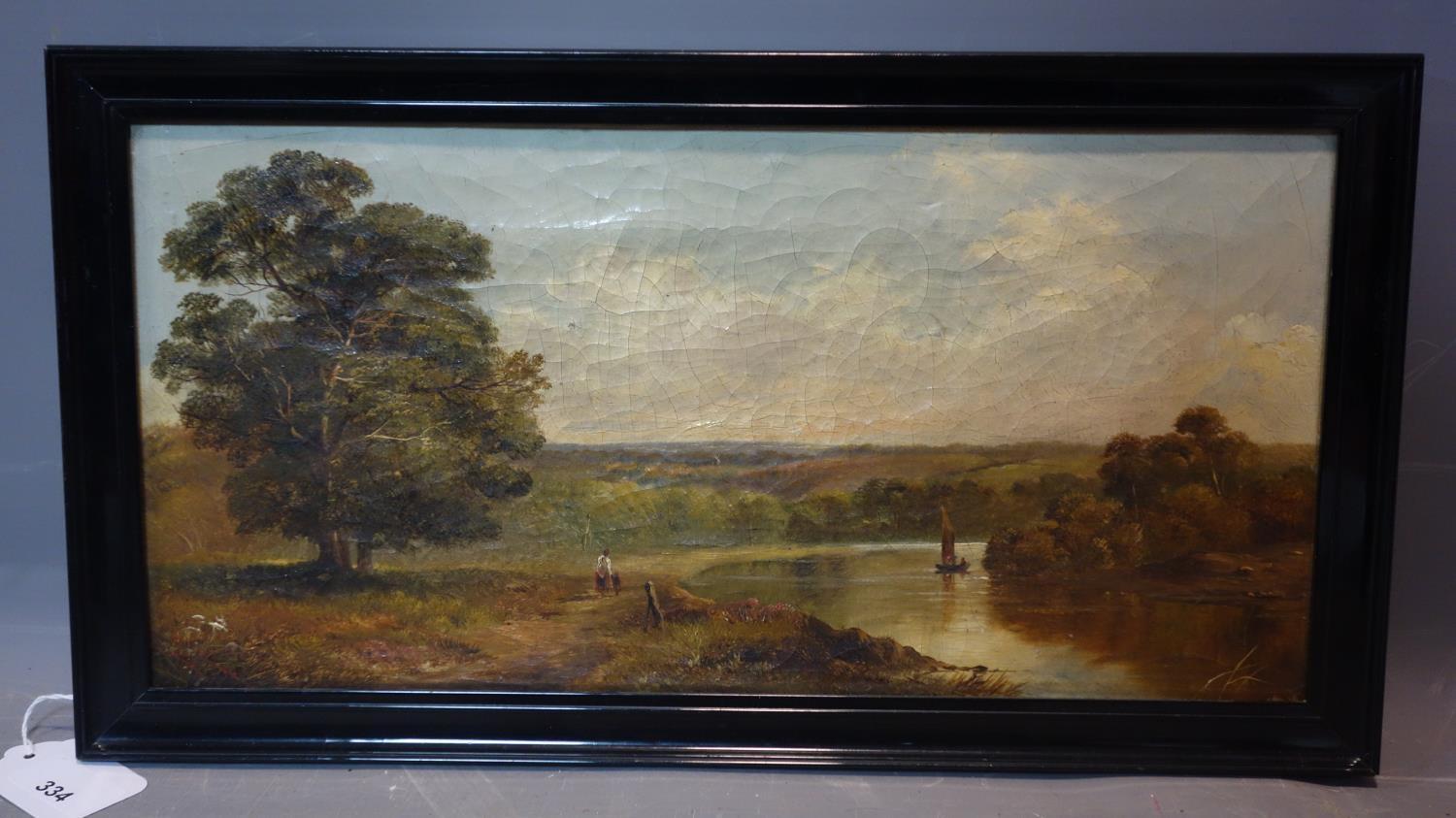 A pair 19th century oils on canvas of landscape scenes, in ebonised frames, 40 x 19cm - Image 3 of 3