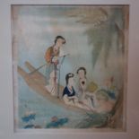A 19th century Chinese painting on silk, finely painted in subtle colours with three ladies on a