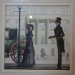 A Victorian couple in a street scene, book cover dust street illustration for "Paragon Street" by