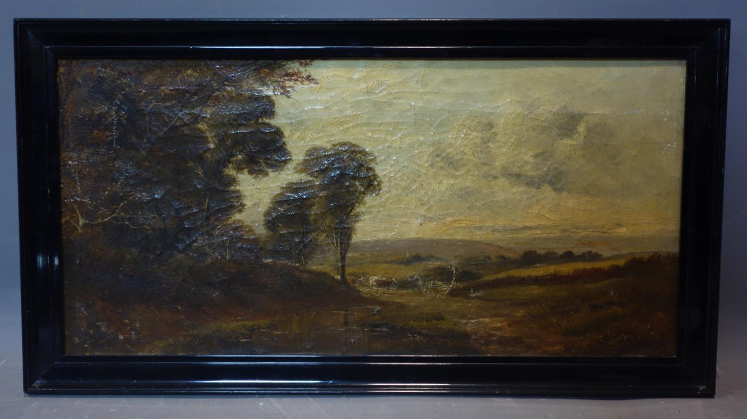 A pair 19th century oils on canvas of landscape scenes, in ebonised frames, 40 x 19cm - Image 2 of 3