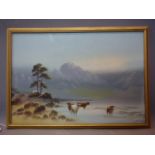 Oil on paper, cows in a lake with mountains to background, signed Wilfred Catan to lower right, 40 x