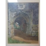 A watercolour of a Gothic carved stone arch, signed and dated 1917 lower left, framed and glazed, 33