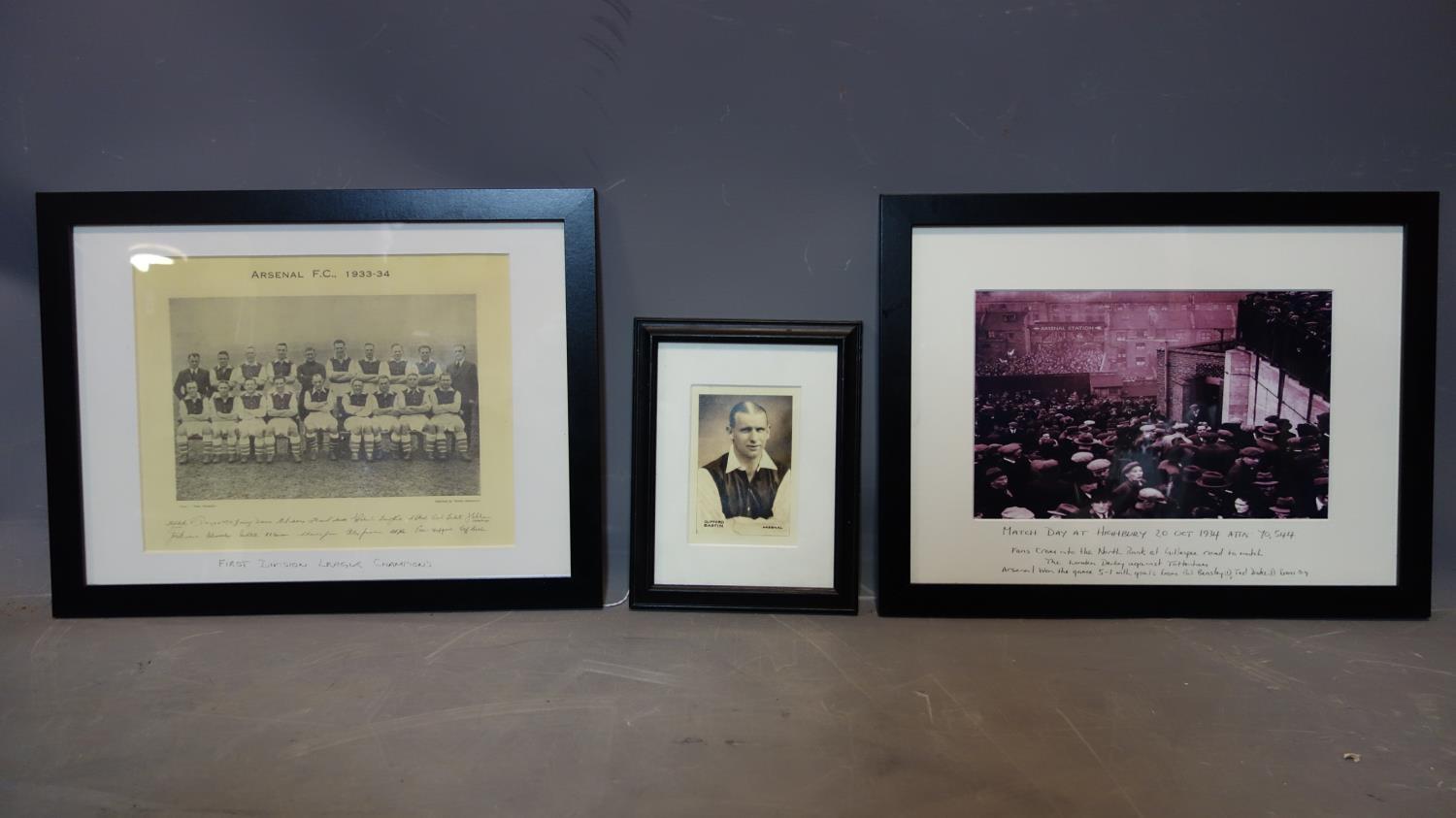 Three framed Arsenal photos to include match day at highbury 1934, team champions 1934 and Cliff