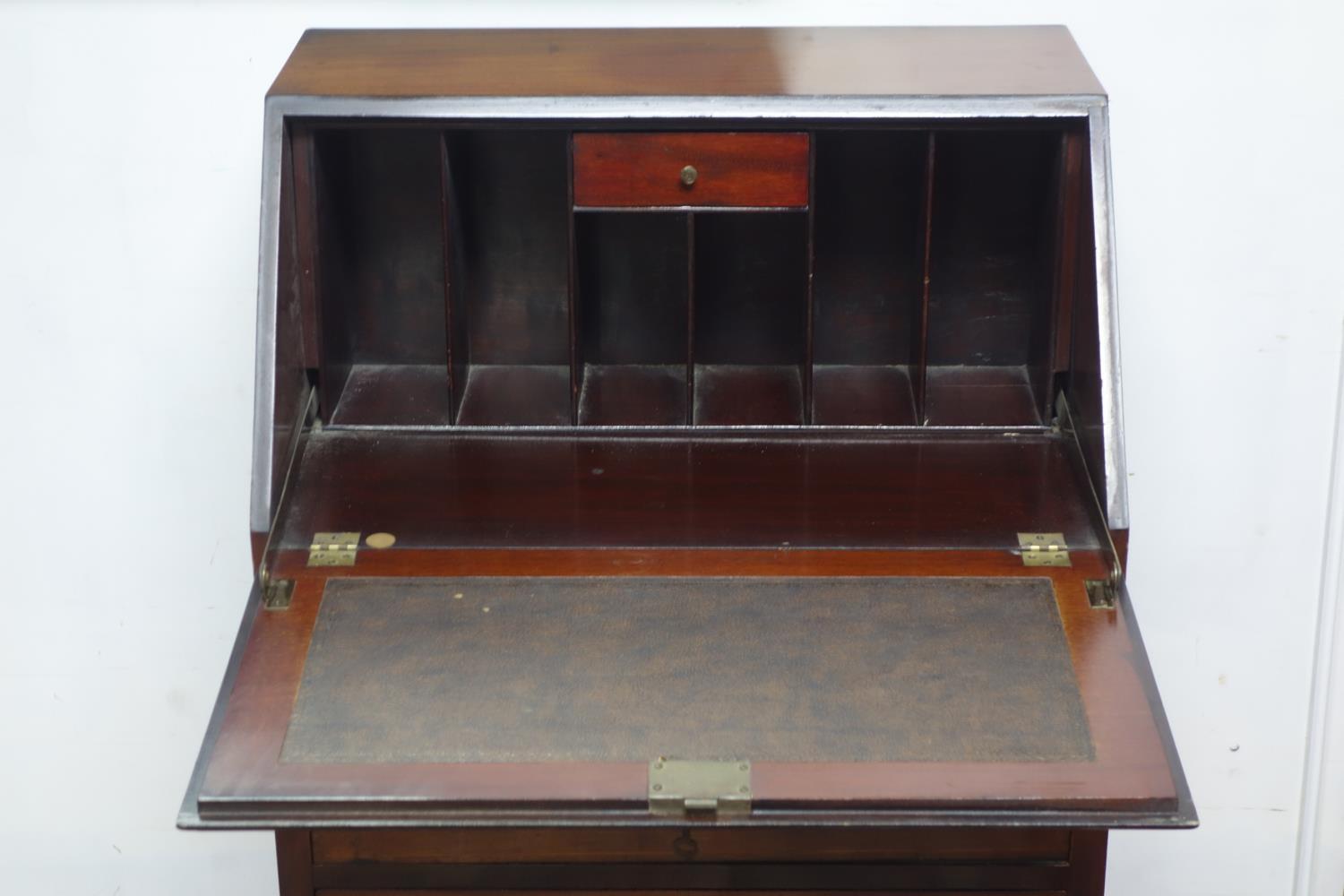 An inlaid mahogany bureau, with hinged lid and fitted interior above three drawers, on cabriole - Image 2 of 3