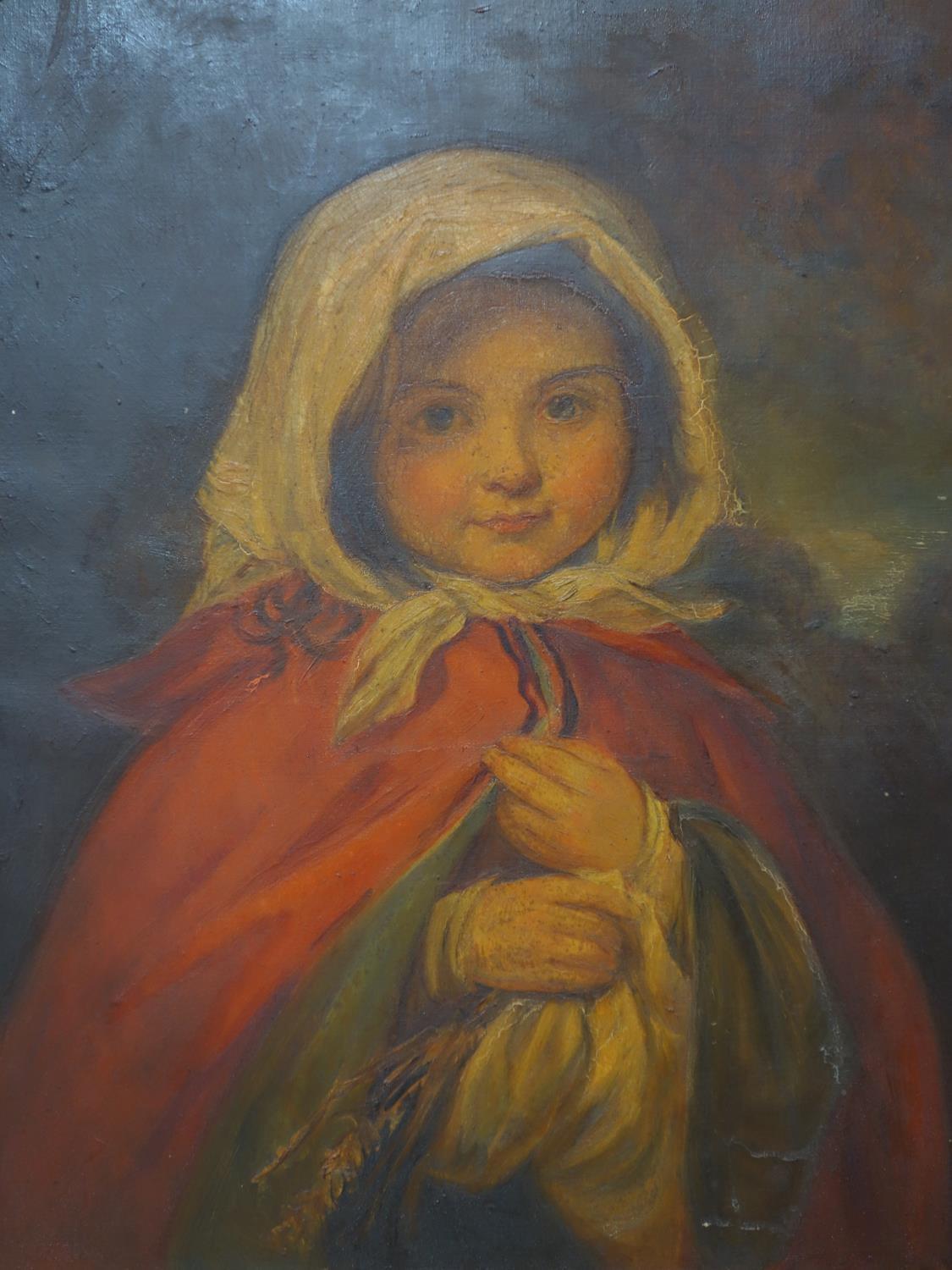 A late 19th/early 20th century oleograph of a girl in peasant clothing, set in gilt wood frame, 62 x