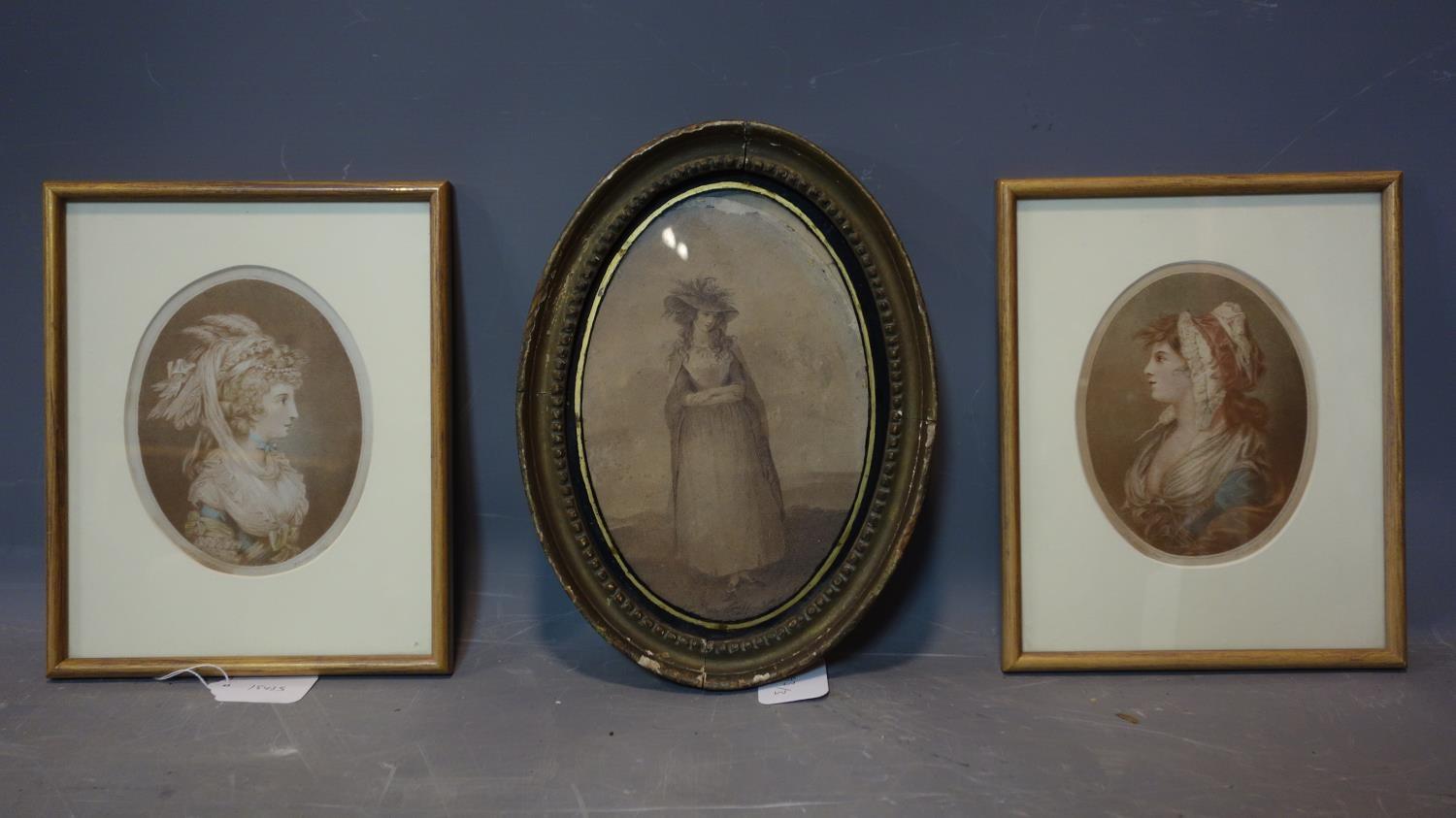 A Victorian print of a lady in oval gilt wood frame, together with 2 prints after Bartolozzi