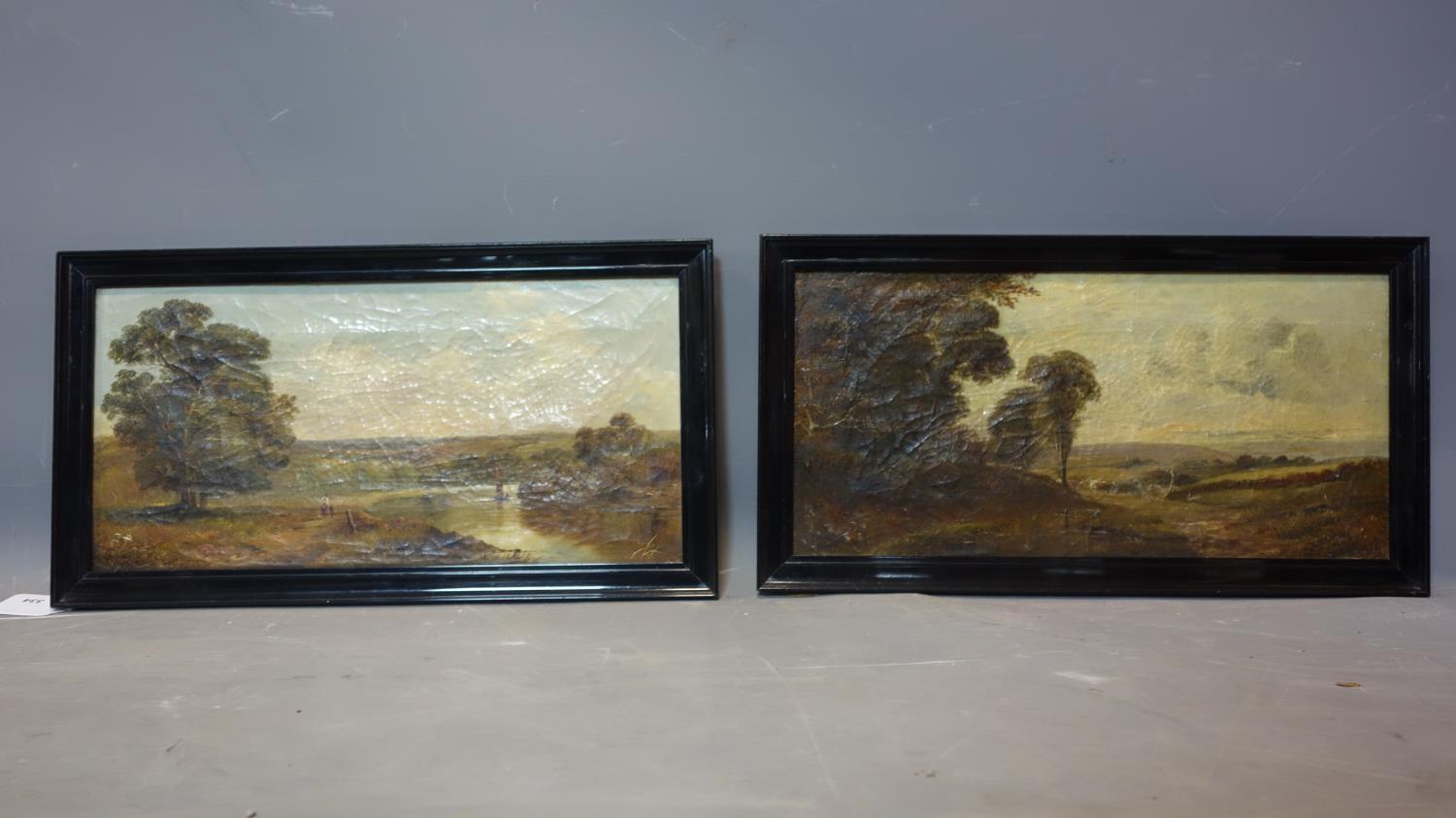 A pair 19th century oils on canvas of landscape scenes, in ebonised frames, 40 x 19cm