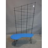 A 1950's continental black metal and blue ply wood hall table/seat, H.150 W.87 D.47cm