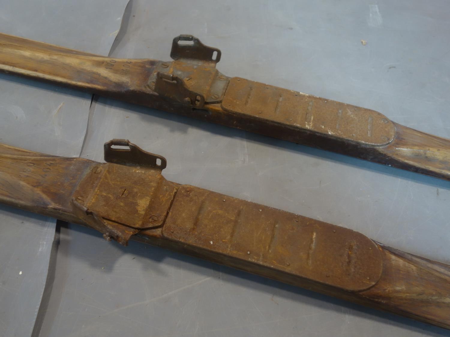 A pair of vintage oak skis inlcuding ski poles by Faucigny J. Amoudruz - Image 3 of 11