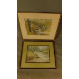 Two framed and glazed watercolours, woodland streams. H.42 W.52cm