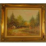 A gilt framed oil on board, alpine scene. H.56 W.65cm