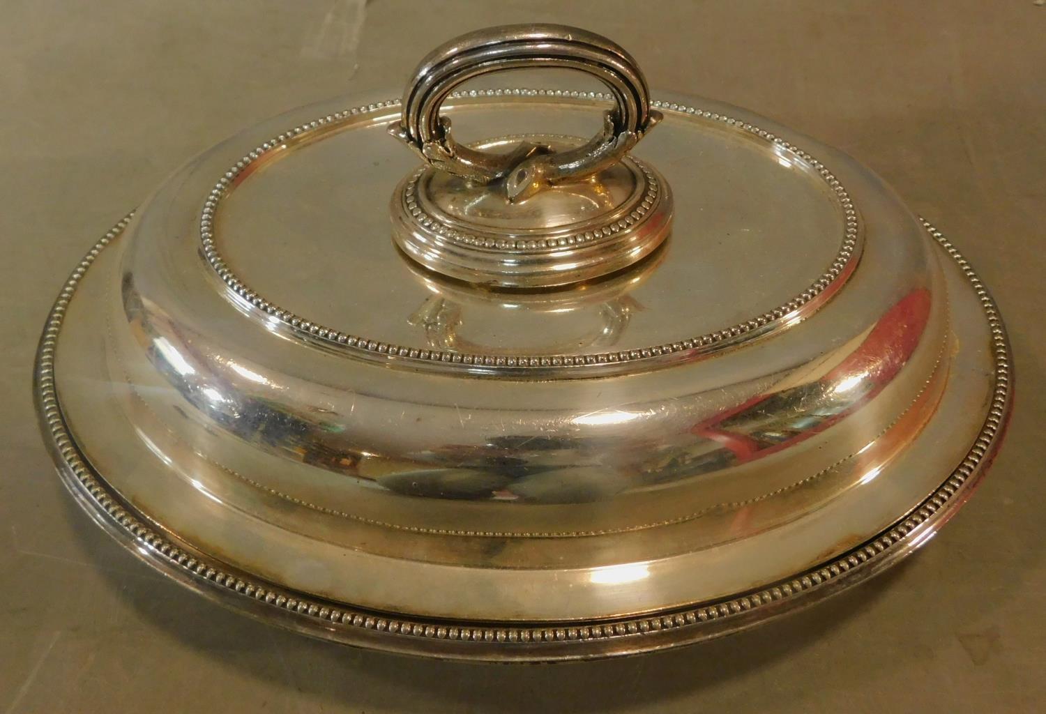 An Edwardian silver plated galleried tray, a lidded entree dish and a set of 6 coffee bean spoons. - Image 3 of 4