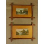 A pair of 19th century landscape oils on paper in Arts and Crafts oak frames. H.34 W.52cm