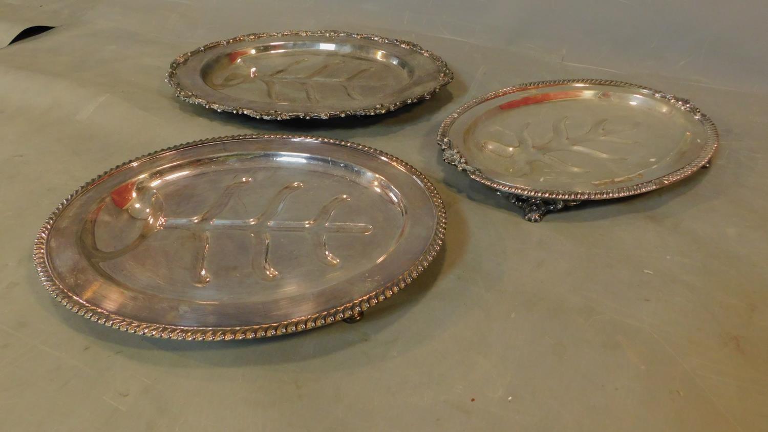 Three various silver plated meat dishes. L.49 W.36cm (largest) - Image 3 of 3