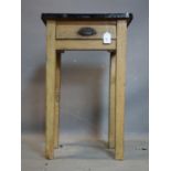 A vintage pine kitchen table with enamelled zinc top and single drawer, H.73 W.46 D.46cm
