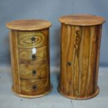 An Indonesian teak cylindrical cabinet and similar chest of four drawers, H.75 Diameter 44cm (