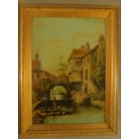 A 19th century gilt framed and glazed oil on board, continental canal scene. H.49 W.37cm