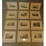 A set of 12 framed and glazed prints showing Eastern scenes and landscapes. H.26 W.32cm