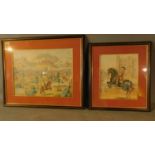 Two framed and glazed prints, each depicting cavaliers on horseback. H.64 W.75cm (largest)