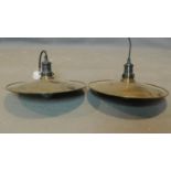 A pair of industrial style circular brass ceiling light pendants, D.40cm