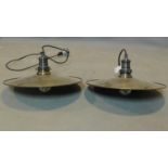 A pair of industrial style circular brass ceiling light pendants, D.40cm