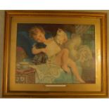 A large 19th century framed and glazed print, "Playmates". H.65 W.77cm