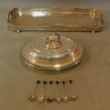 An Edwardian silver plated galleried tray, a lidded entree dish and a set of 6 coffee bean spoons.
