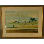 A large framed and glazed watercolour, lakescape, signed. H.62 W.82cm