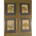 A set of 4 framed and glazed prints of Hong Kong landmark buildings, each with inset sample Hong