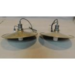 A pair of industrial style circular brass ceiling light pendants, D.40cm