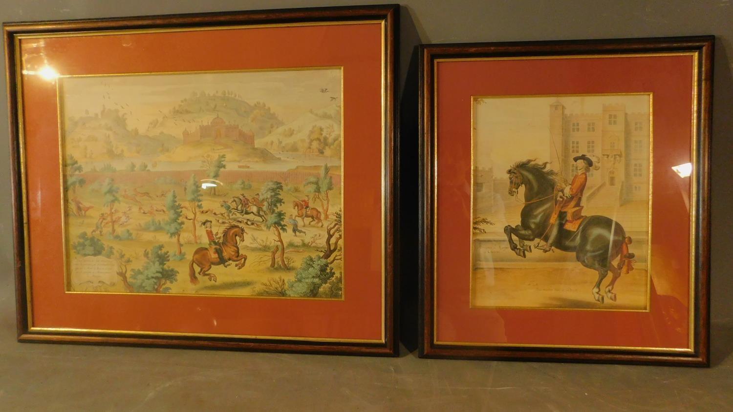 Two framed and glazed prints, each depicting cavaliers on horseback. H.64 W.75cm (largest)