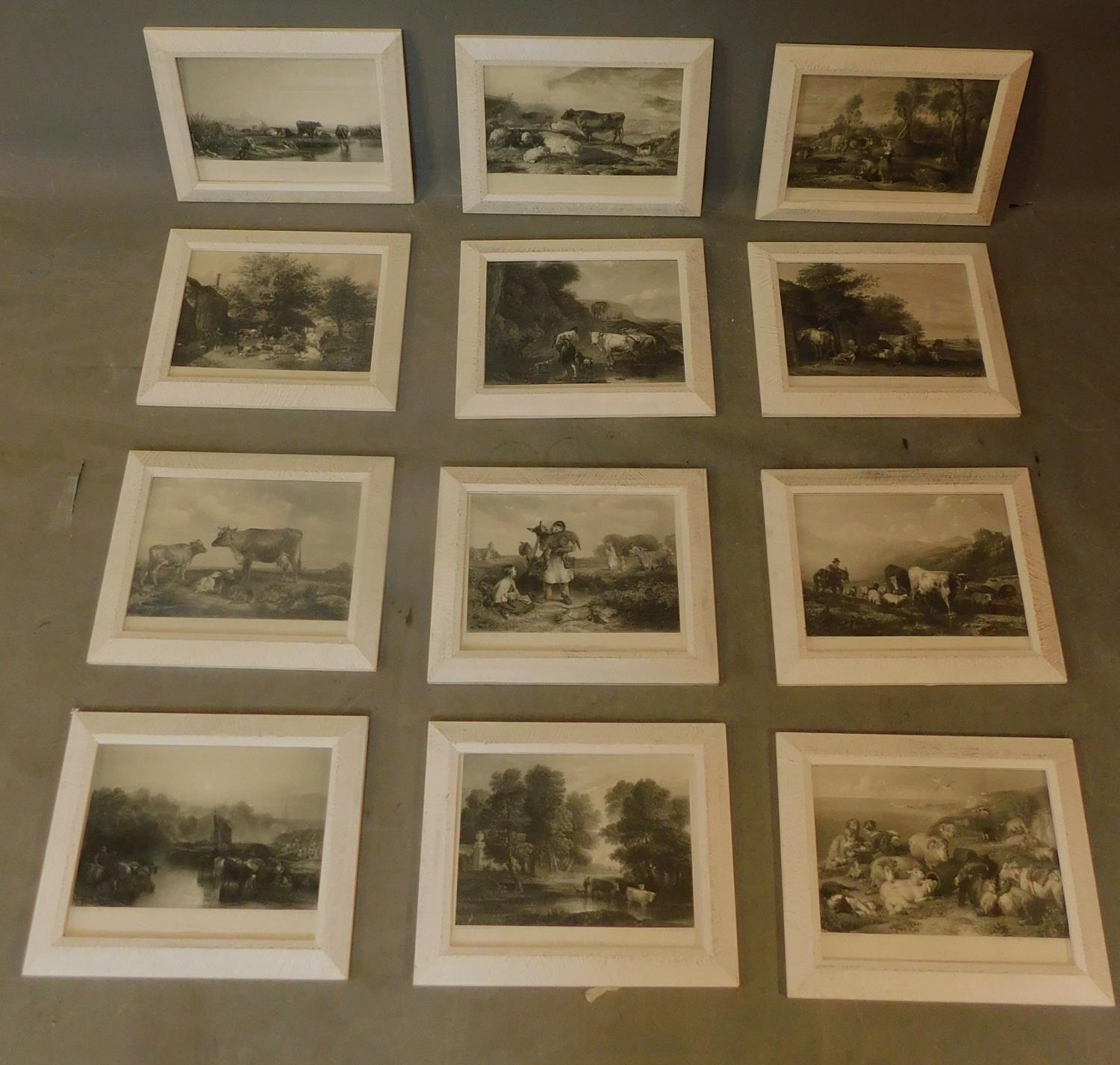 A set of 12 framed and glazed prints, pastoral scenes. H.26 W.32cm