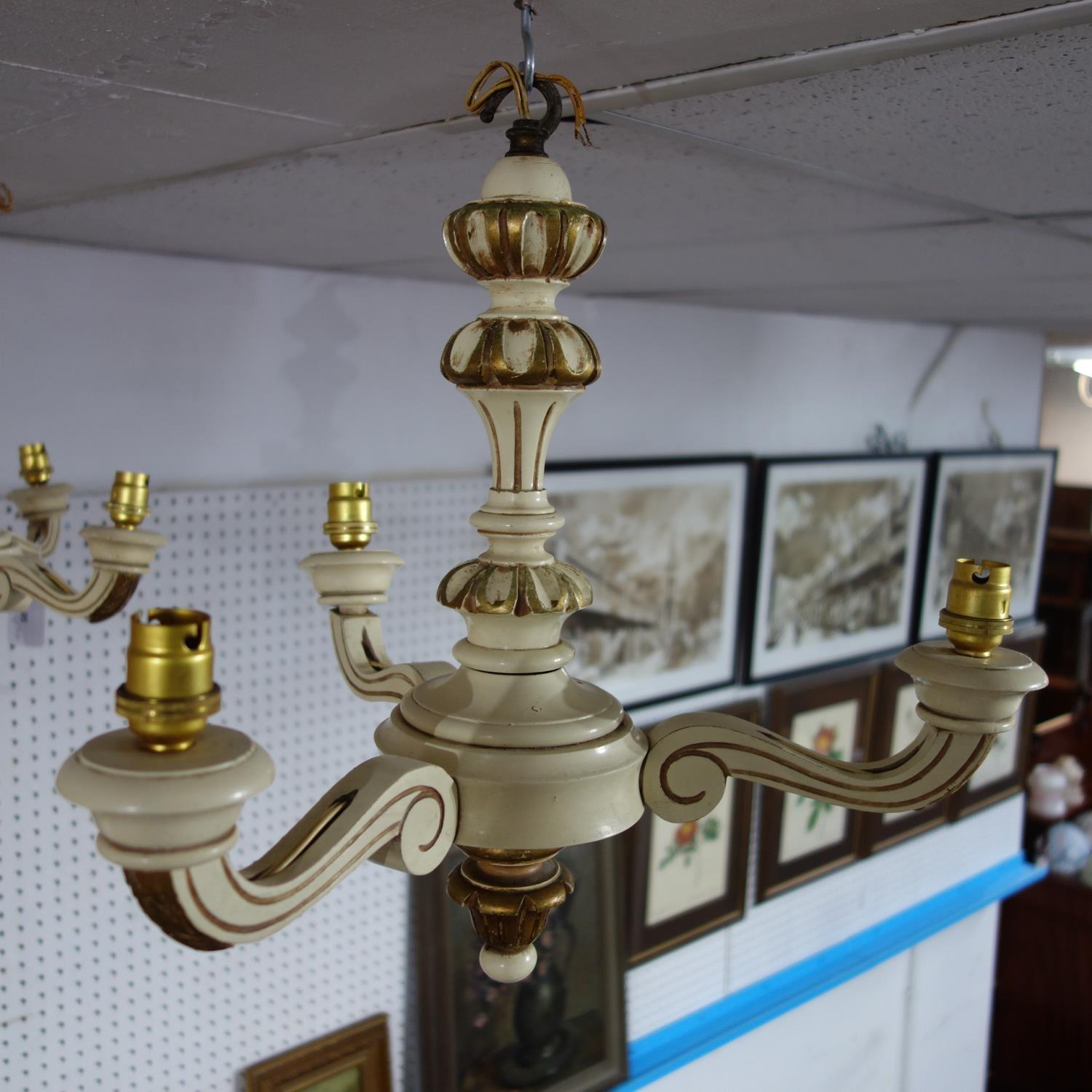 A pair of three branched painted wooden candelabras, the shades with tassels, H.40cm Diameter 43cm - Image 2 of 5