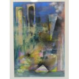 A mixed media study of a city, monogrammed AJK to lower right, in silvered frame, 43 x 29cm