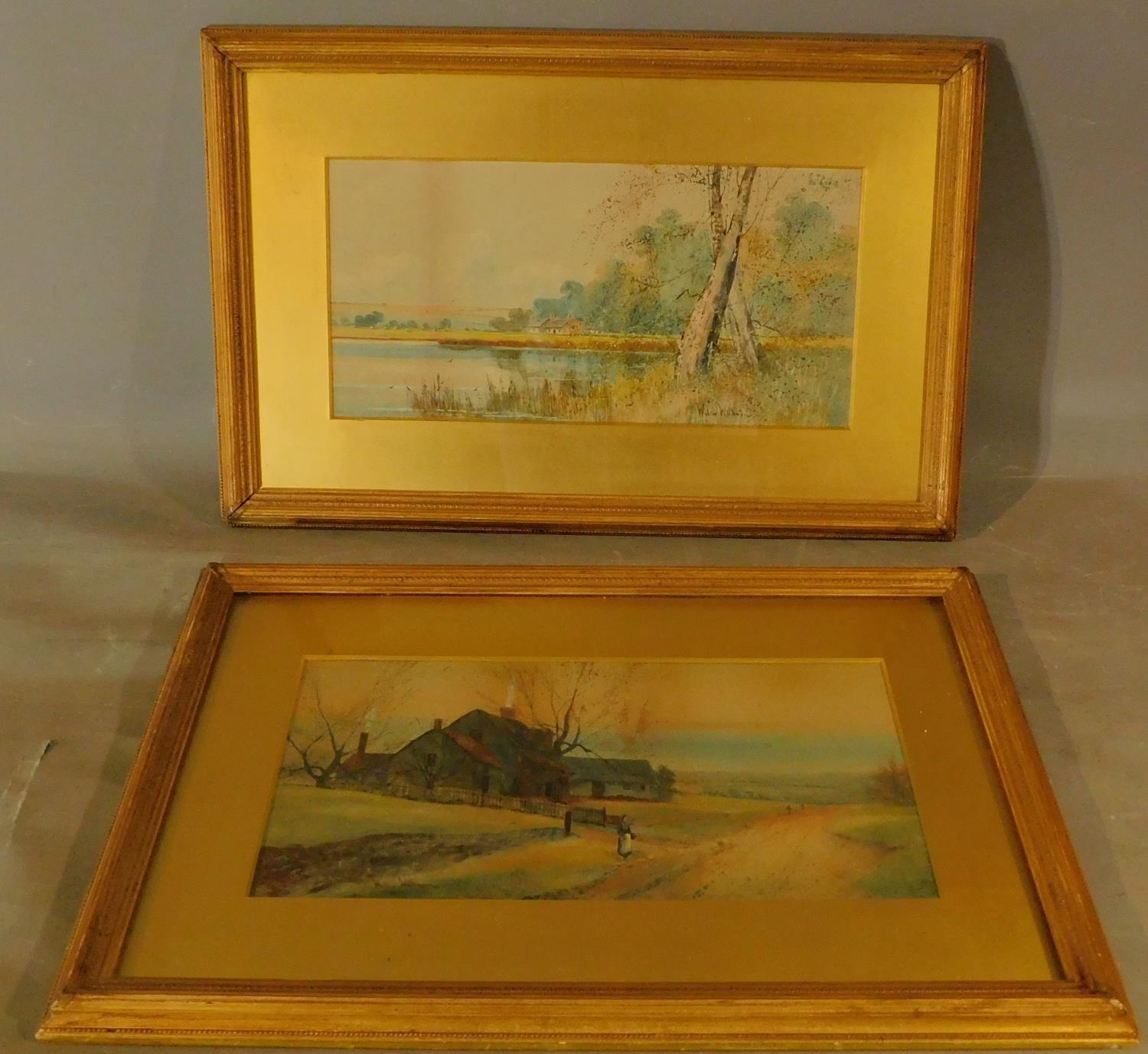 A pair of 19th century framed and glazed watercolours, country landscapes. H.49 W.73cm