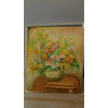 A large framed oil on board, still life spray of flowers, indistinctly signed. 87x74cm