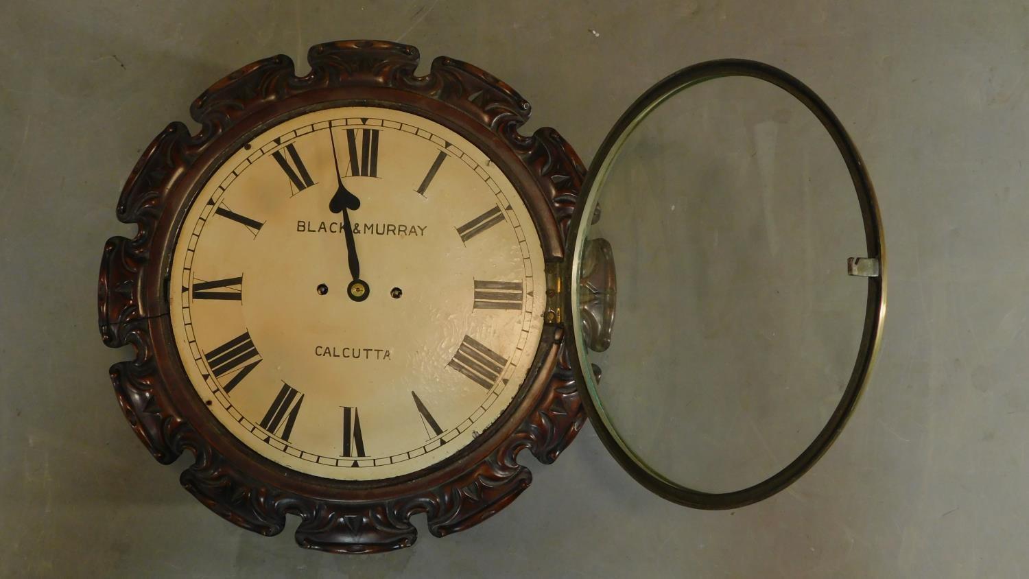 A 19th century carved mahogany cased wall clock, Black and Murray Calcutta H.43 W.43 D.18 - Image 2 of 7