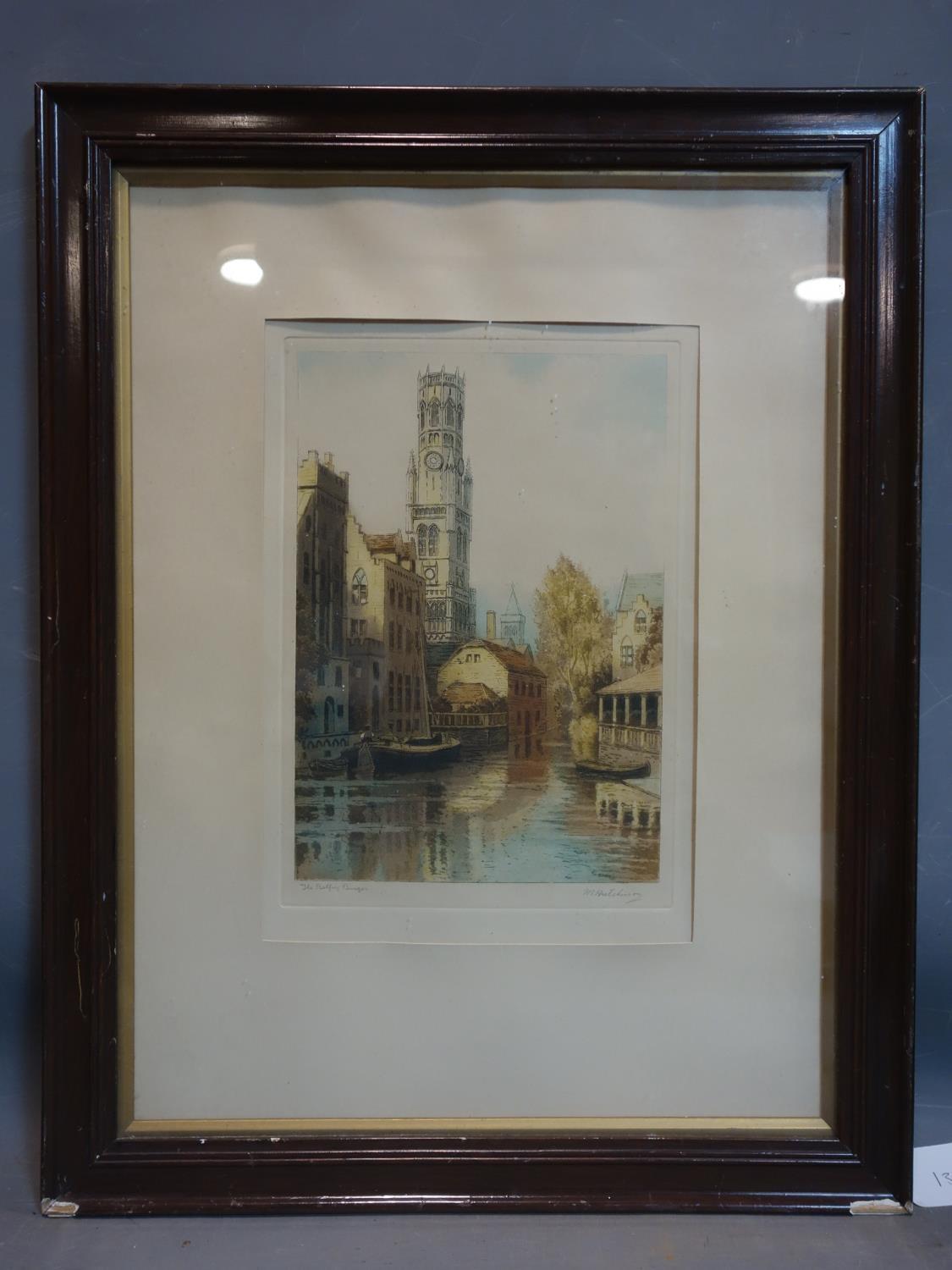 W. Hutchinson, 'The Belfrey Bruges', etching and aquatint, signed and titled in pencil to lower - Image 2 of 4