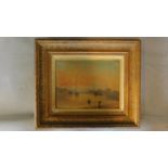 A 19th century gilt framed oil on board, ships and riverscape. 43x37cm