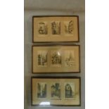 A set of 9 prints framed as three in glazed frames, French medieval streets. H.23 W.39.5