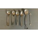 Four various English hallmarked silver spoons and 2 white metal spoons.