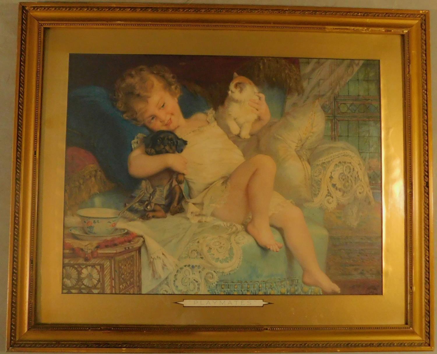 A large 19th century framed and glazed print, "Playmates". H.65 W.77cm - Image 2 of 3