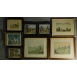 A pair of oak framed hunting prints and a miscellaneous collection of 6 others. 40x36cm
